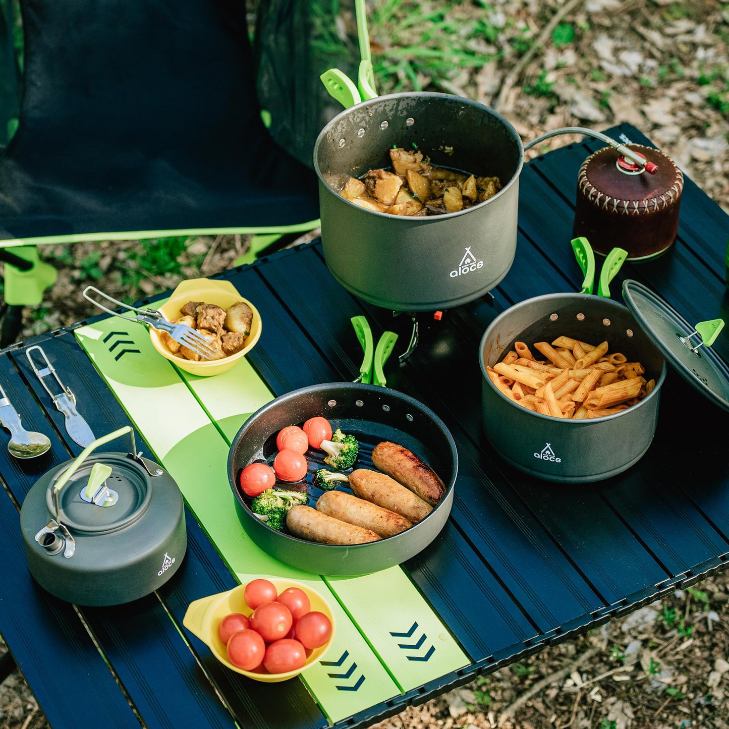 Alocs Camping Cookware, Non-Stick Large Camping Cooking Set with Kettle, Camp Kitchen Camper Must Haves for Outdoor Camping Hiking Picnic