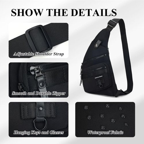 Qidelong Sling Bag Anti-theft Crossbody Chest Shoulder Backpack Women Men, Lightweight Personal Pocket Bag for Hiking Travel (Black)