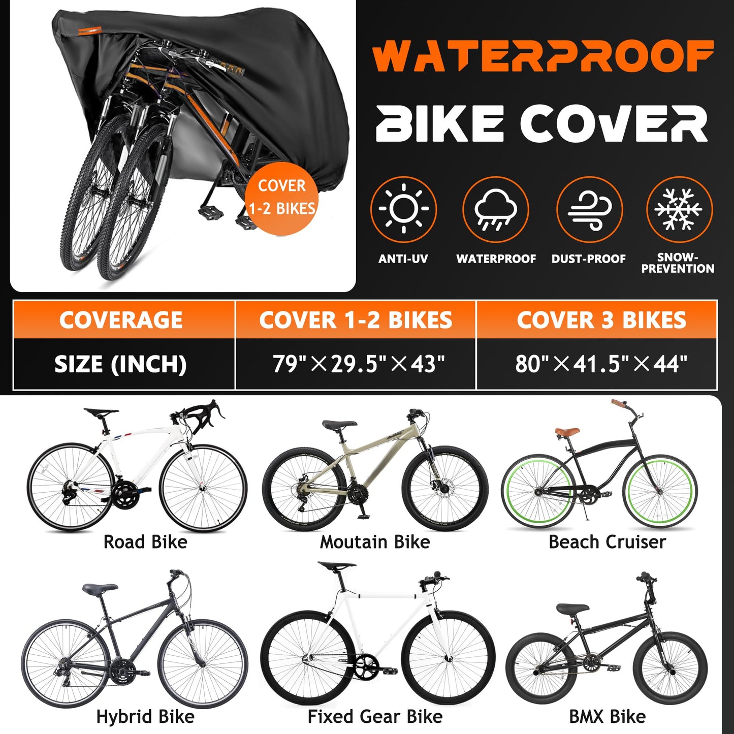 Amazing Fair Bike Cover - Fits 1, 2 Bikes, Durable Nylon Fabric, UV Resistant & Dustproof, Outdoor Storage