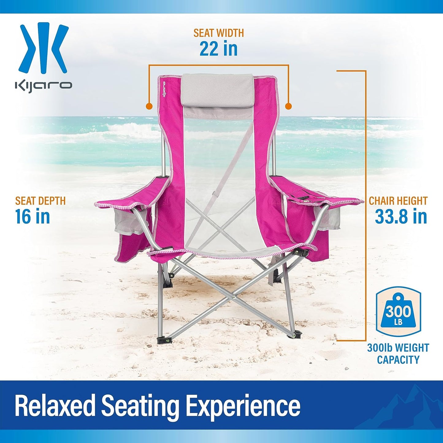 Kijaro Beach Sling Chair with Cooler Pocket - Various Fun Colors & Patterns - Perfect Beach Folding Chair and Camping Chair - Includes a Detachable Pillow
