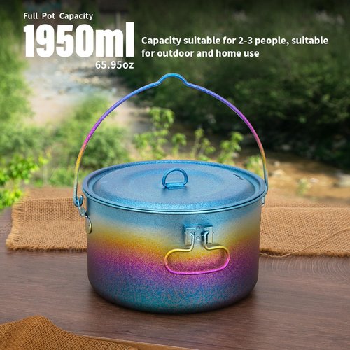 TiTo Titanium 1950ml Outdoor Titanium Pot with Lid Folding Bail Handle Ultralight Portable Kitchen Cookware Hanging Pot for Camping Hiking Picnic Backpacking Soup Pot (Ice Colorful)