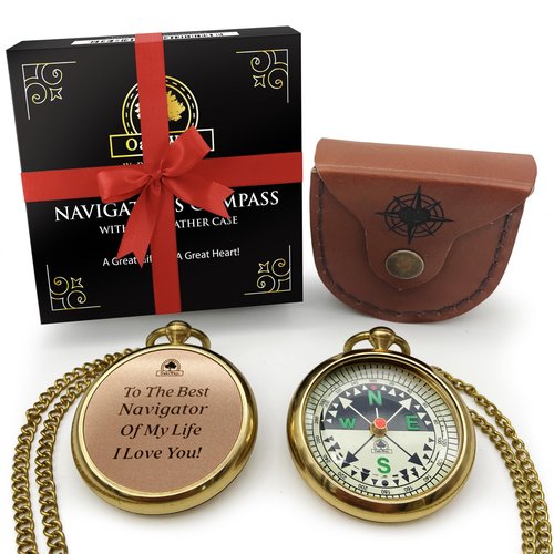 Navigator's Watch Compass - Mens, Husband, Dad, Boyfriends Gifts Ideas- Magnetic Hiking Compass in Leather Case - Christmas or Birthday Gifts for Him, Her, Wife, from Daughter or Son