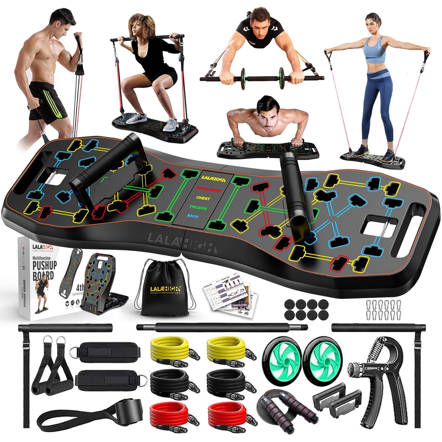 LALAHIGH Portable Home Gym System: Large Compact Push Up Board, Pilates Bar & 20 Fitness Accessories with Resistance Bands Ab Roller Wheel - Full Body Workout for Men and Women, Gift for Boyfriend