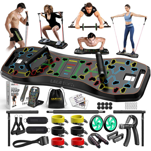 LALAHIGH Portable Home Gym System: Large Compact Push Up Board, Pilates Bar & 20 Fitness Accessories with Resistance Bands Ab Roller Wheel - Full Body Workout for Men and Women, Gift for Boyfriend