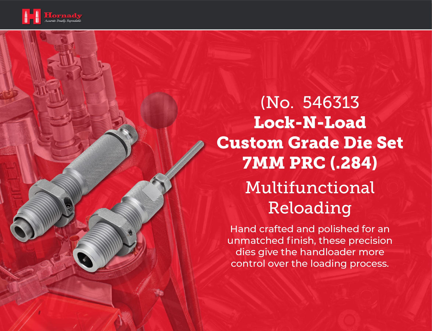 Hornady Custom Grade New Dimension 2-Die Set, 7MM PRC (.284) (546313)- Caliber Specific Reloading Equipment for Handloaders with Full Length Sizer Die, Seating Die, Sure-Loc Rings, & Storage Box