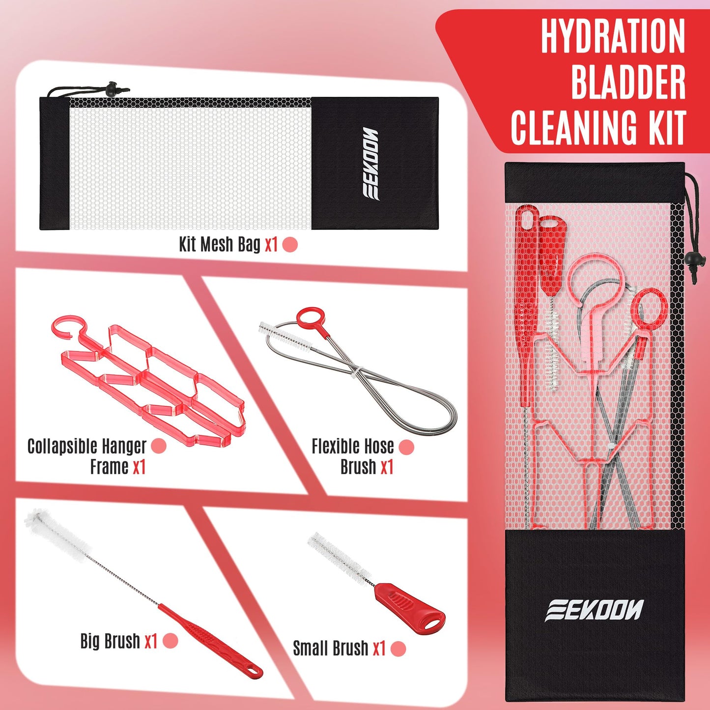 Feekoon Reservoir Hydration Bladder Cleaning Kit, Water Bladders Cleaner Set Includes Brushes, Drying Collapsible Frame and Carrying Bag, Water Reservoir Cleaning Tools for Hydration Backpack(1 Set)