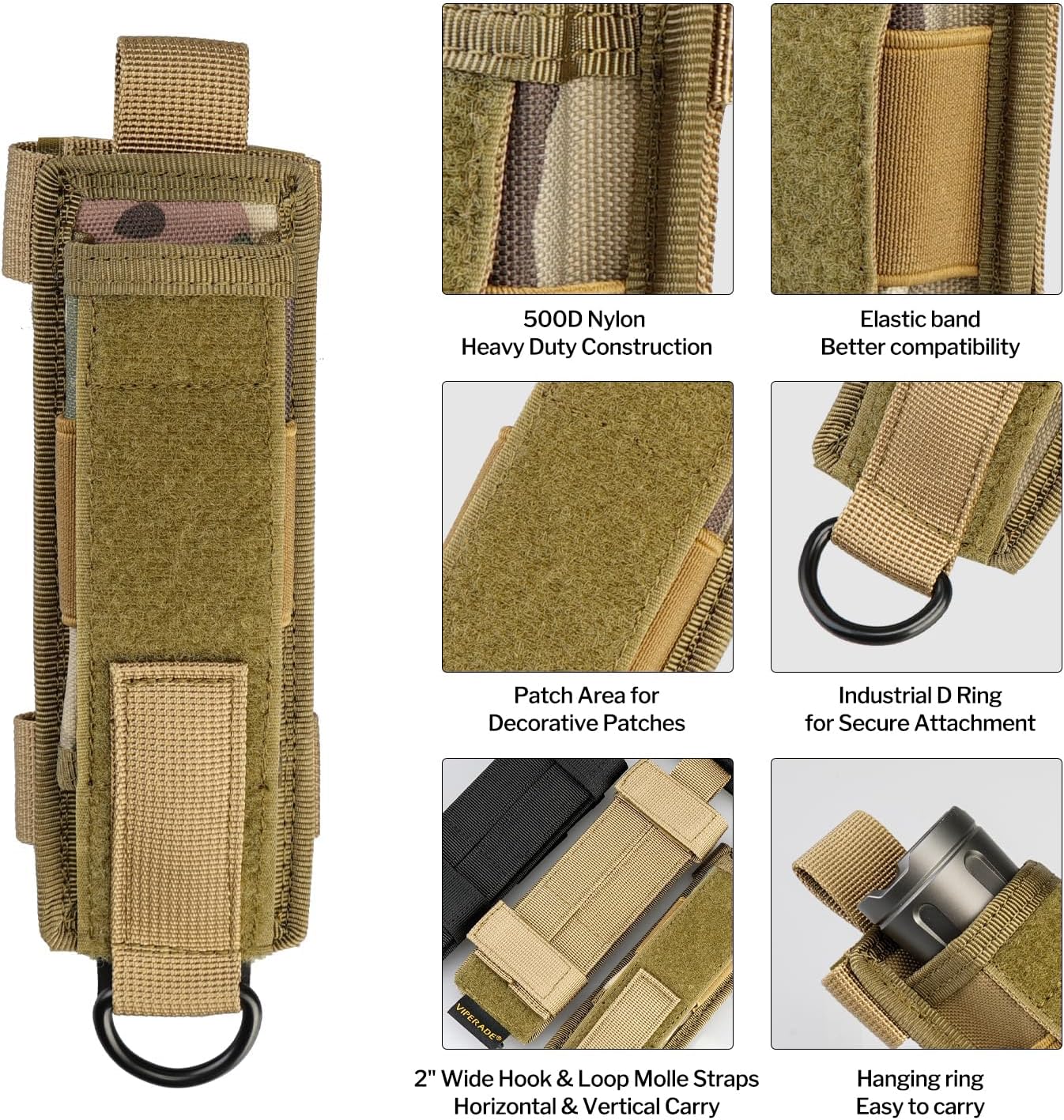 VIPERADE Tactical Flashlight Holster, Molle Flashlight Holder for Belt, Flashlight Pouch, Open Top Flashlight Holder for Vertical & Horizontal Carrying