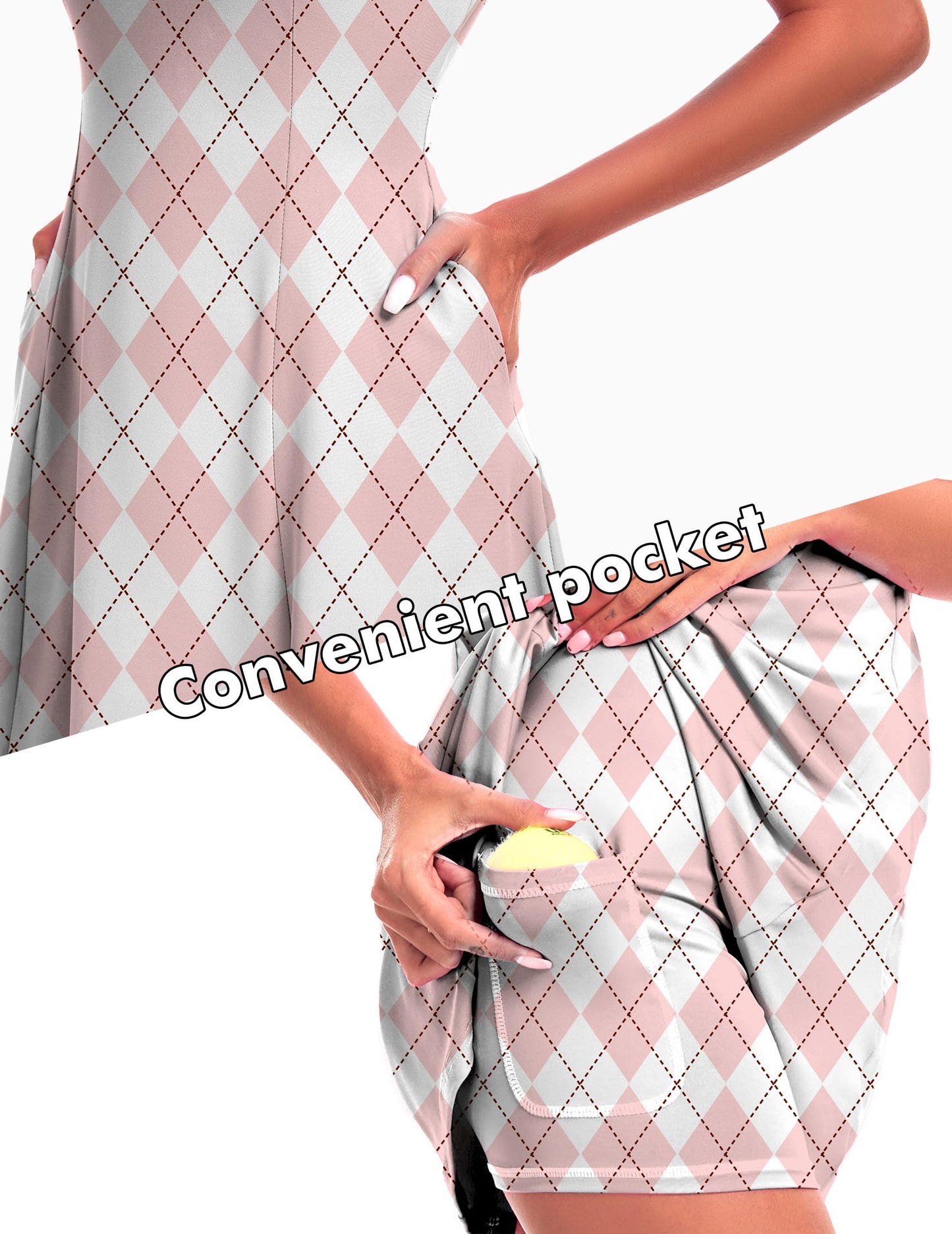 FKEEP Women's Golf Dress Tennis Dresses Workout Athletic Dress with Shorts/Short Sleeve/Pocket (Pink Checkered, S)
