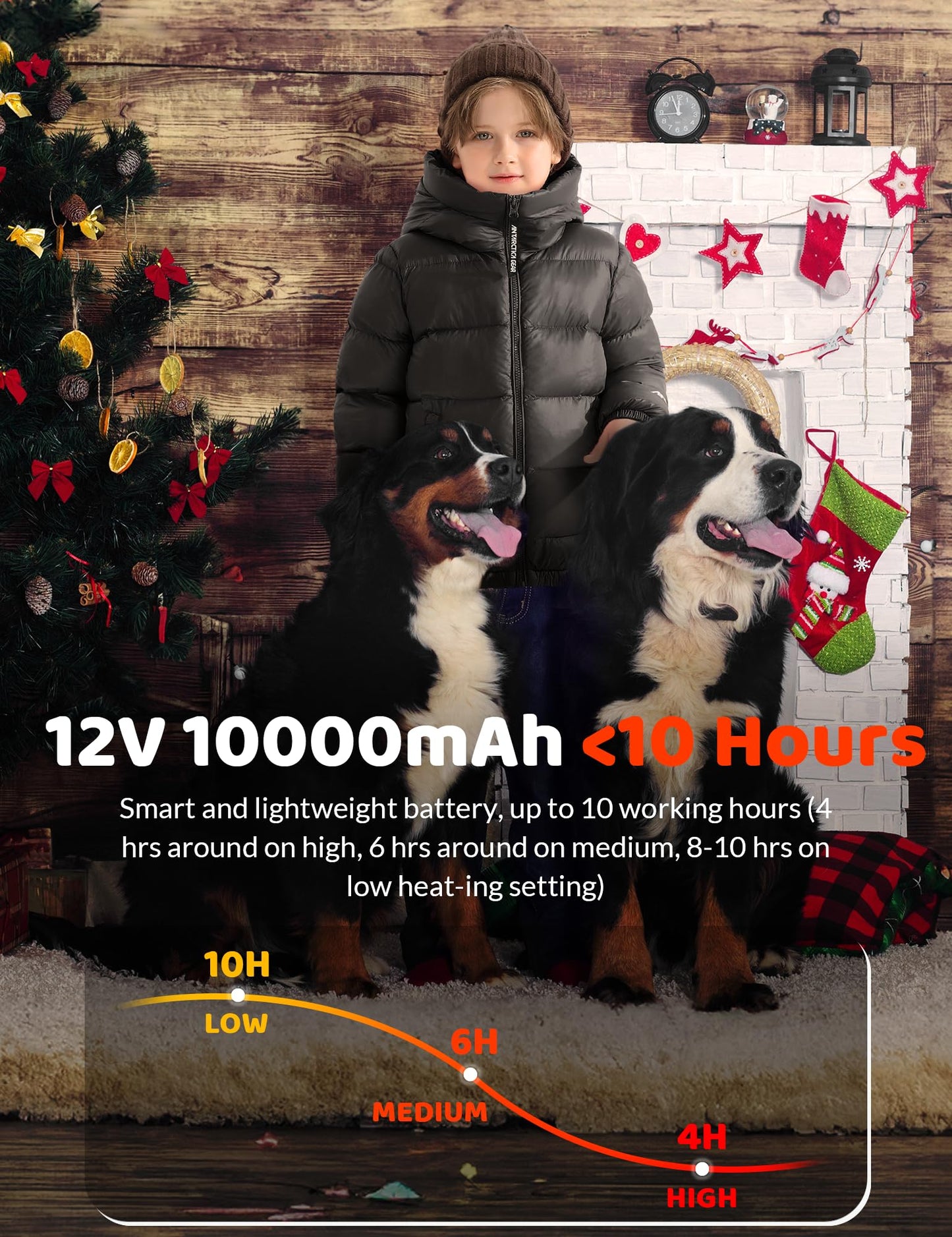 ANTARCTICA GEAR Kids Heated Jacket with 12V/5A 10000 mAh Battery Pack, 3 Heated Areas Winter Coat for Boys & Girls