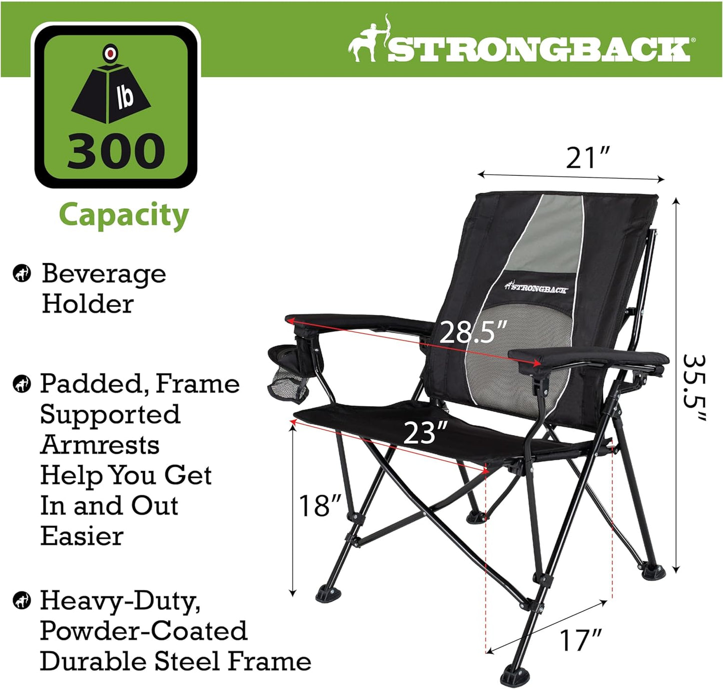 STRONGBACK Elite Folding Camping Lawn Lounge Chair Heavy Duty Camp Outdoor Seat with Lumbar Support and Portable Carry Bag - Navy/Grey