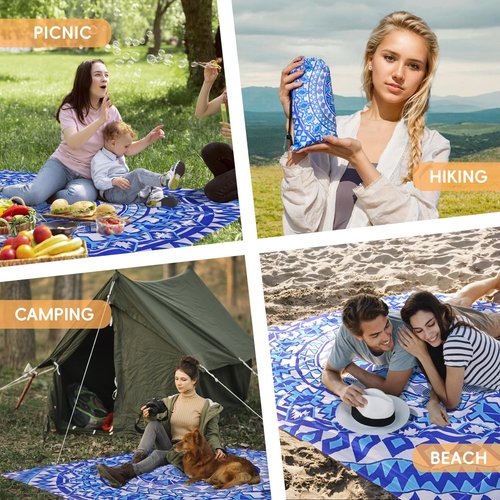 Boho Beach Blanket Sandproof Waterproof Extra Large Blankets for 1-8 Adults Size 110"x118" with Ground Mails, Pouch Bag, Anti Sand