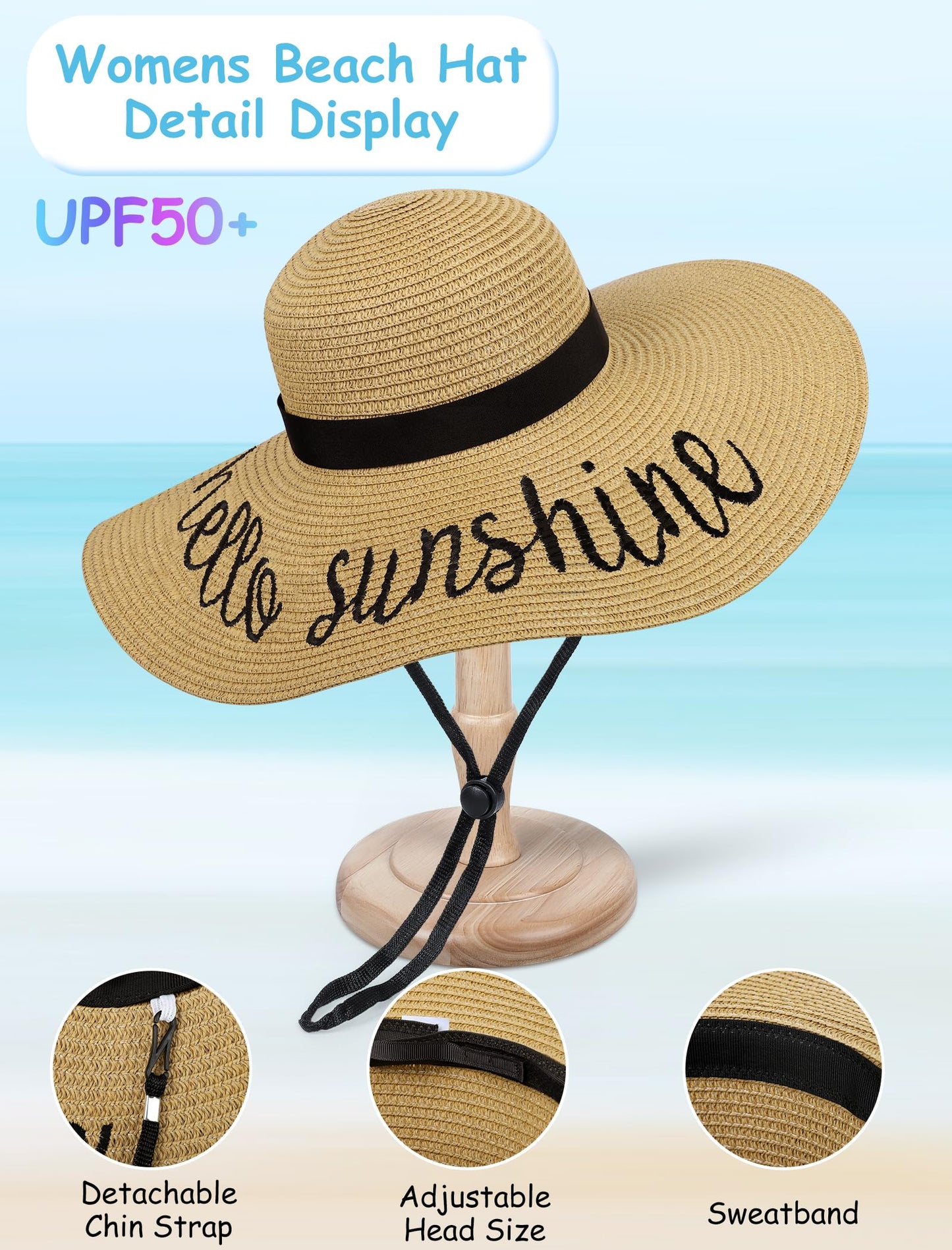 Senker Fashion Beach Hats for Women, Floppy Straw Sun Hat Embroidered Wide Brim for Summer Honeymoon Vacation Cruise Khaki