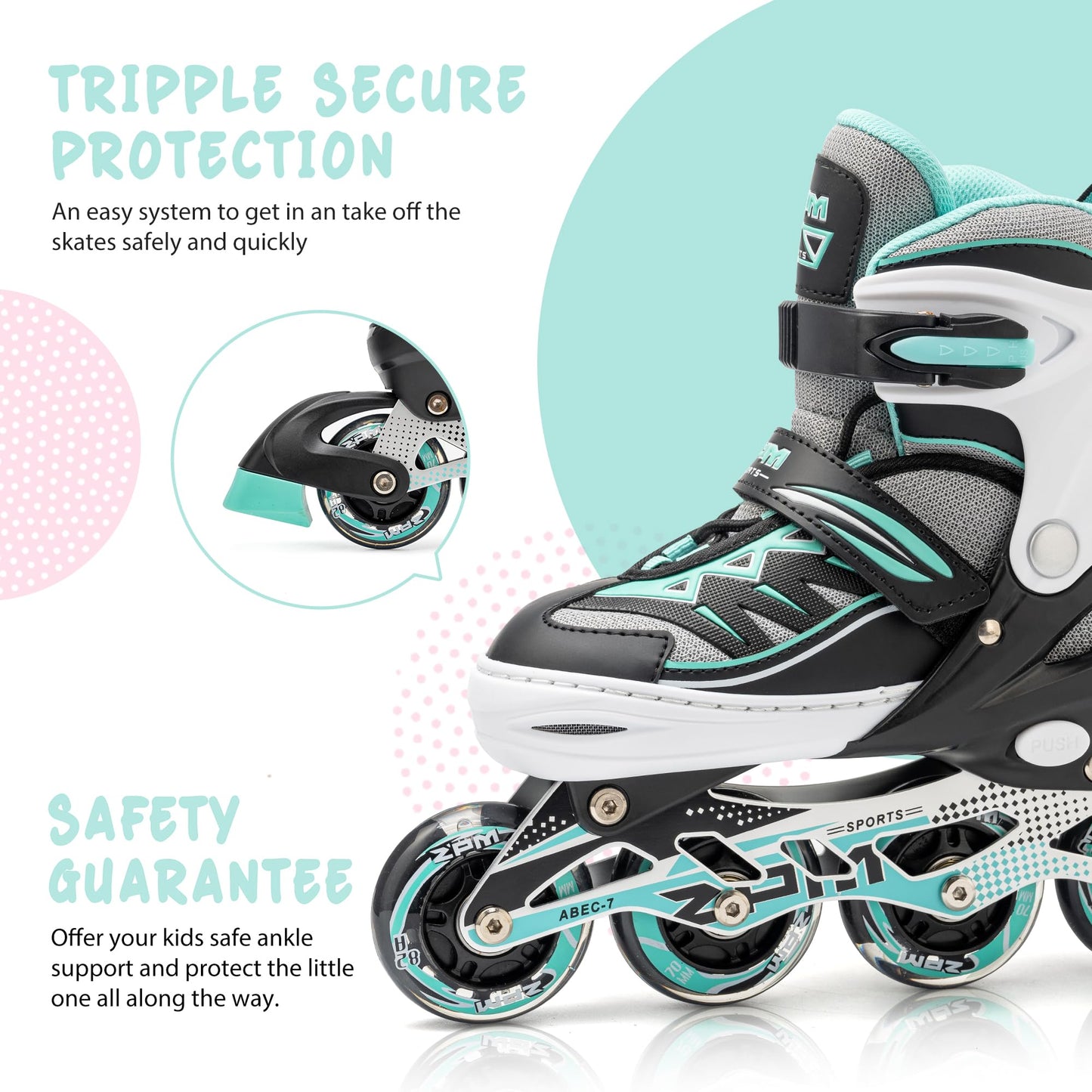 2PM SPORTS Cytia Pink Girls Adjustable Illuminating Inline Skates with Light up Wheels, Fun Flashing Beginner Roller Skates for Kids (Mint, Large - Youth (3-6 US))