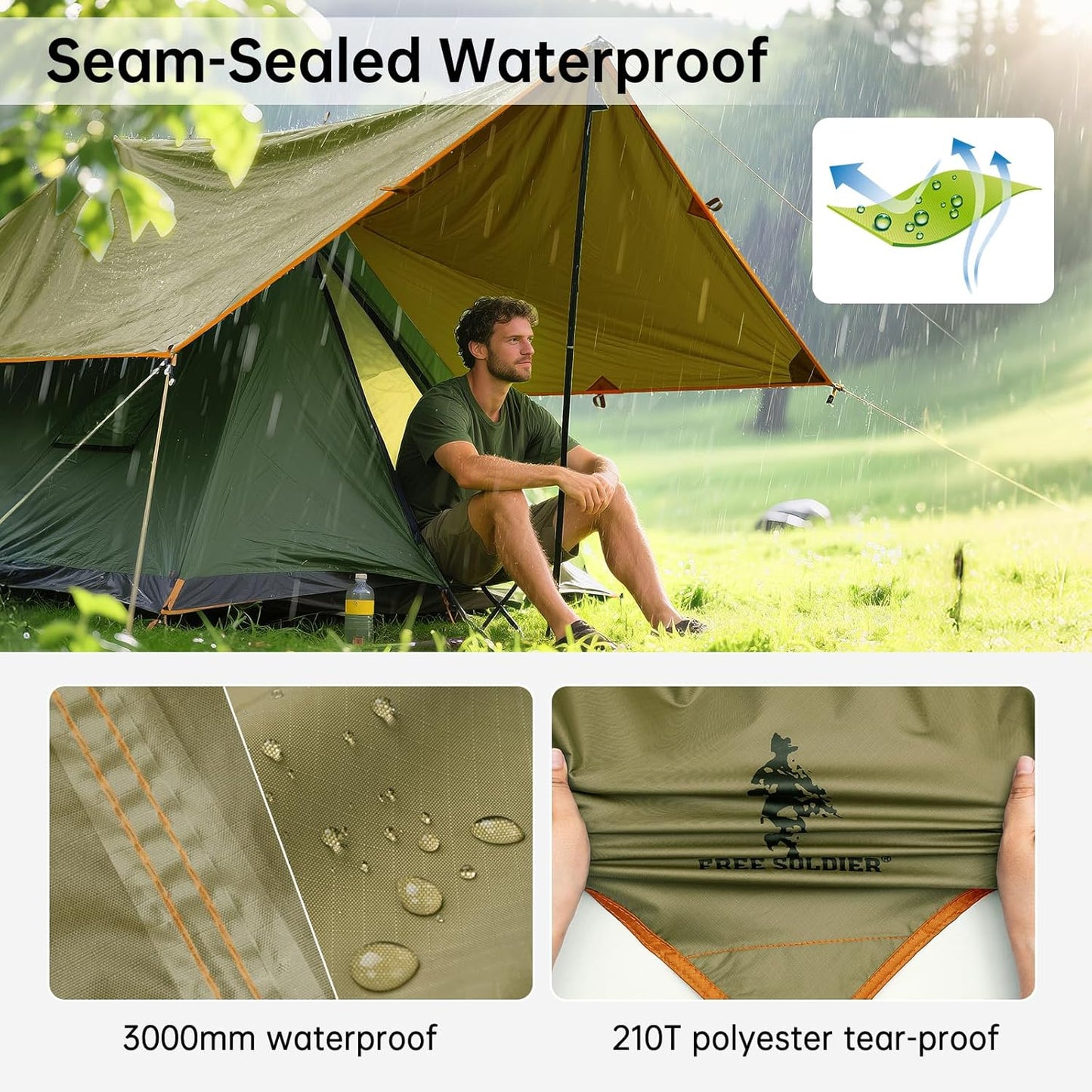 FREE SOLDIER Waterproof Portable Tarp Multifunctional Outdoor Camping Traveling Awning Backpacking Tarp Shelter Rain (Brown 10×10.5ft)