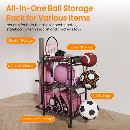 Yoga Mat Storage Rack, Home Gym Storage Rack for Dumbbells Kettlebells Foam Roller and Yoga Strap, Workout Equipment Storage Organizer With Hooks ＆ Wheels, Gym Equipment Storage for Home Exercise