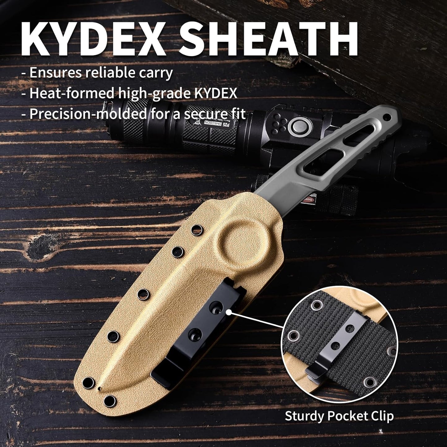 EDC Fixed Blade Knife with Sheath, Camping Knife Fixed Blade 3.3" DC53 Steel Outdoor Survival Blade Full Tang Hunting Knives for Men Women IB-01, Silver