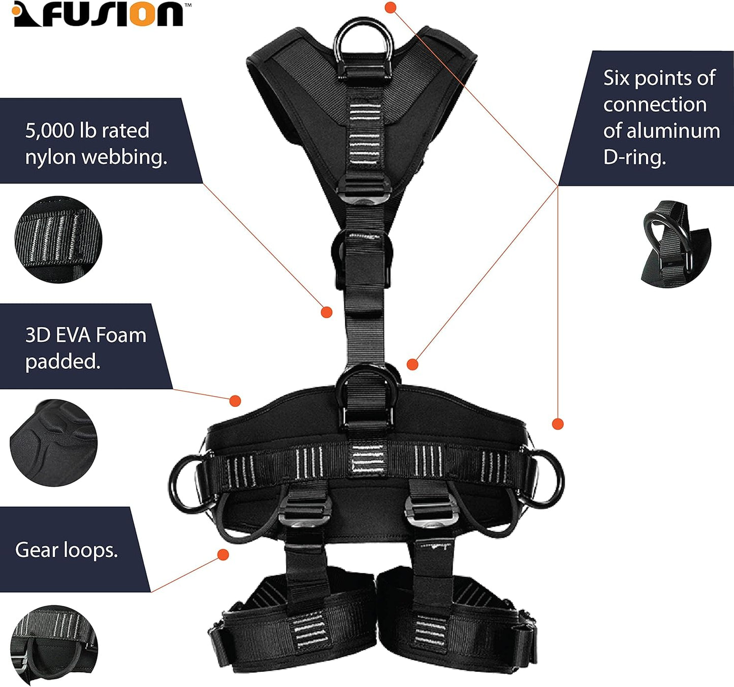 Fusion Climb Tac Rescue Tactical Full Body 3d Eva Padded Heavy Duty Adjustable Zipline Harness 23kn