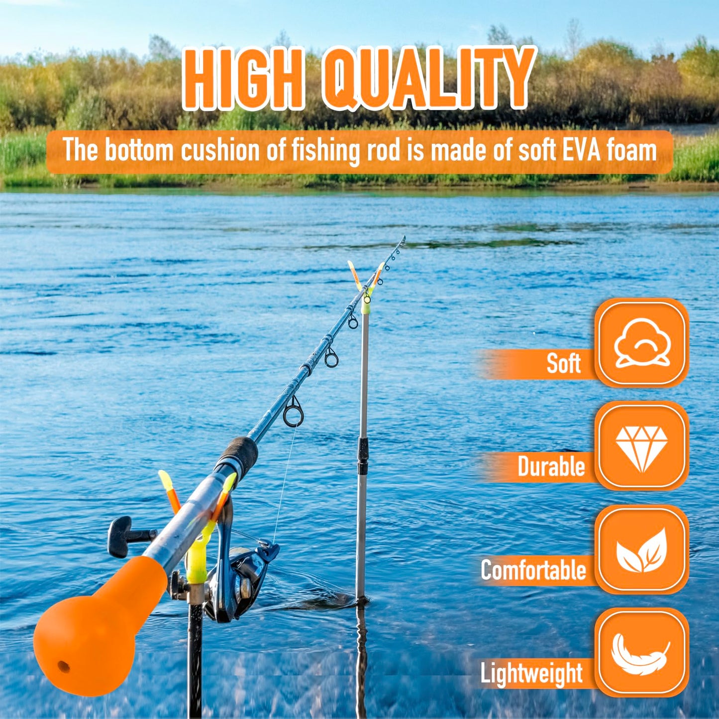 Fishing Rod Butt Cushion, Portable Belly Top Pole Bracket Fish Rod Belly Spherical Barrel, Shock Absorption EVA Foam Stand Up Fishing Pole Holder Base Support for Better Control (Orange)