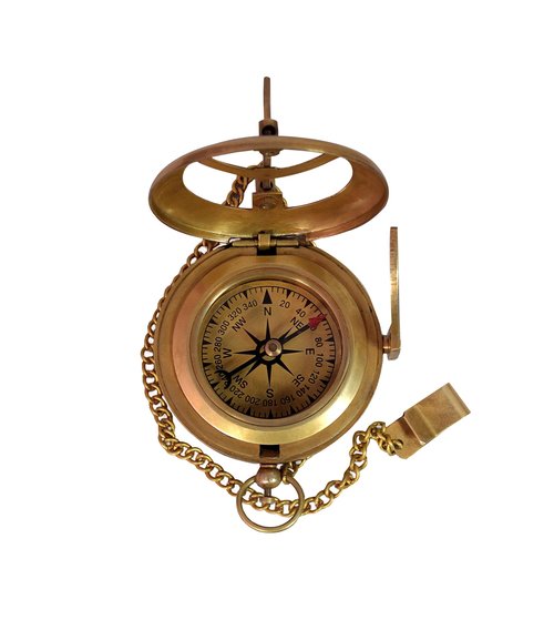 BAZROSS Vintage Brass Sundial Compass with Leather Case - Antique Brass & Copper Sun Clock for Camping, Hiking, Touring - Engraved Gift for Him - Nautical Ship Replica Watch - Sundial Clock in Box