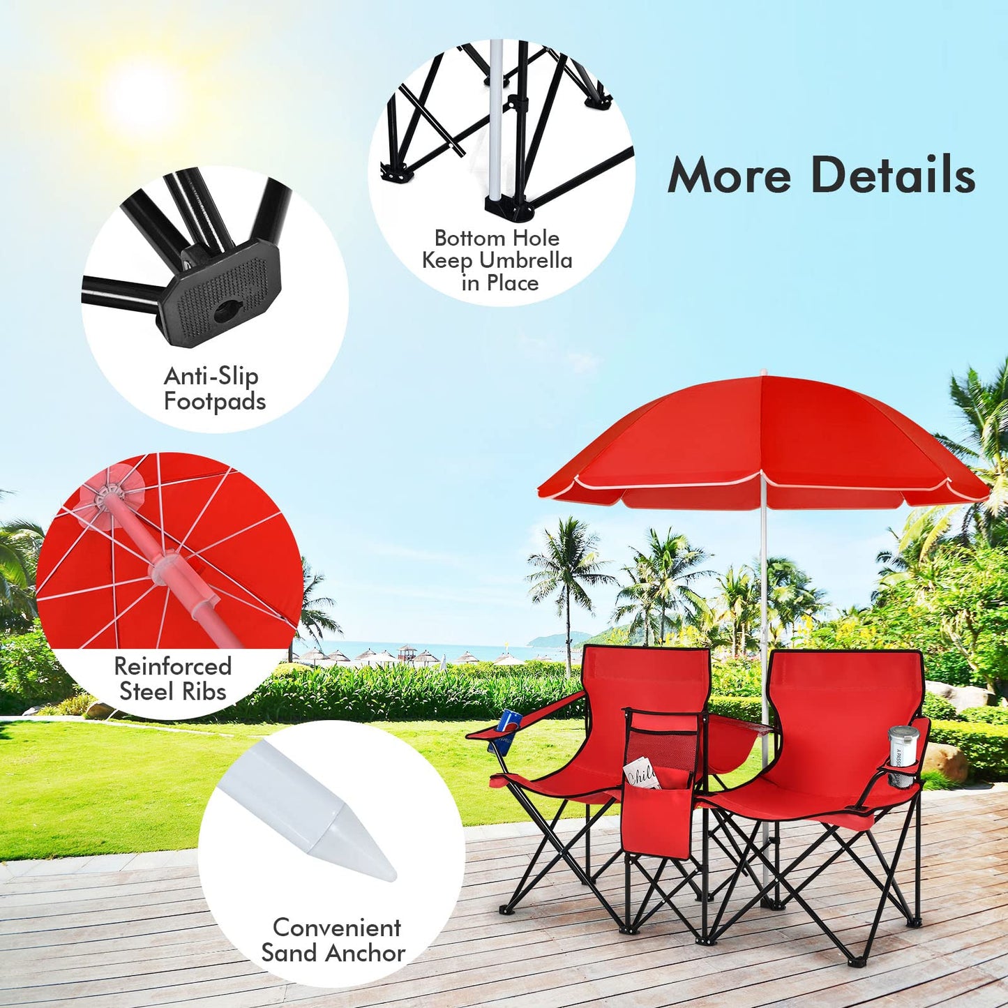 Julimoon Double Folding Camping Chairs w/Removable Umbrella, Portable Picnic Loveseat w/Mini Table, Cup Holder & Carrying Bag, 2-Person Picnic Chairs for Patio, Beach, Picnic, Outdoor (Red)