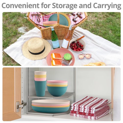 Tanice Plastic Dinnerware Set, 12PCS Outdoor Plates and Bowls Sets, Kids Dinnerware Set for 4, Plastic Dishes Set with Pltaes, Bowls, Cups for Kitchen, Outdoor Camping