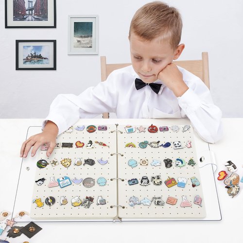 PACMAXI A4 Enamel Pin Display Book Organizer-300 Pin Capacity, Clear PVC Cover, Creative Pin Collection, Portable Pin Trading Book (White-6 page)