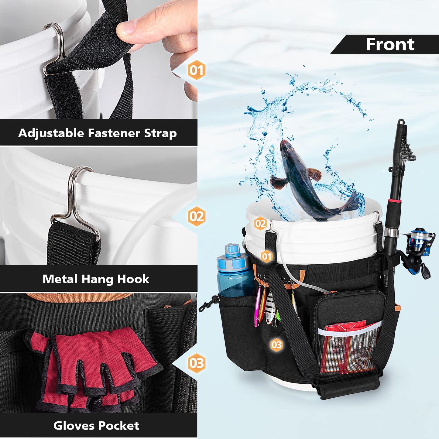 GOBUROS Fishing Bucket Organizer for 5 Gallon Bucket with Adjustable Buckle, Rod and Plier Holder and Multi-Pockets for Fishing Gear (Bucket not Included)