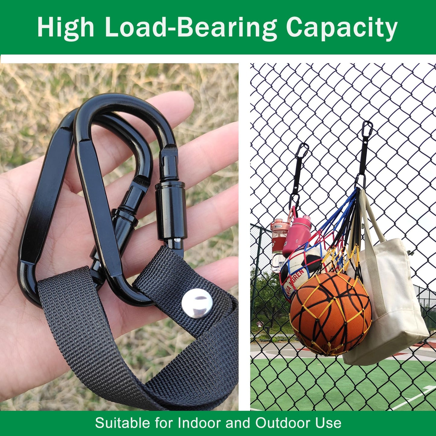 Fence Hooks for Baseball Bag, Softball, Camping, Multifunctional Carabiner Hanging Backpack, Water Bottle (Black) (2)