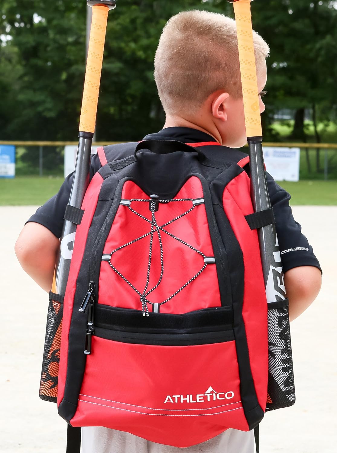 Athletico Youth Baseball Bat Bag - Backpack for Baseball, T-Ball & Softball Equipment & Gear | Holds Bat, Helmet, & Glove | Fence Hook (Red)