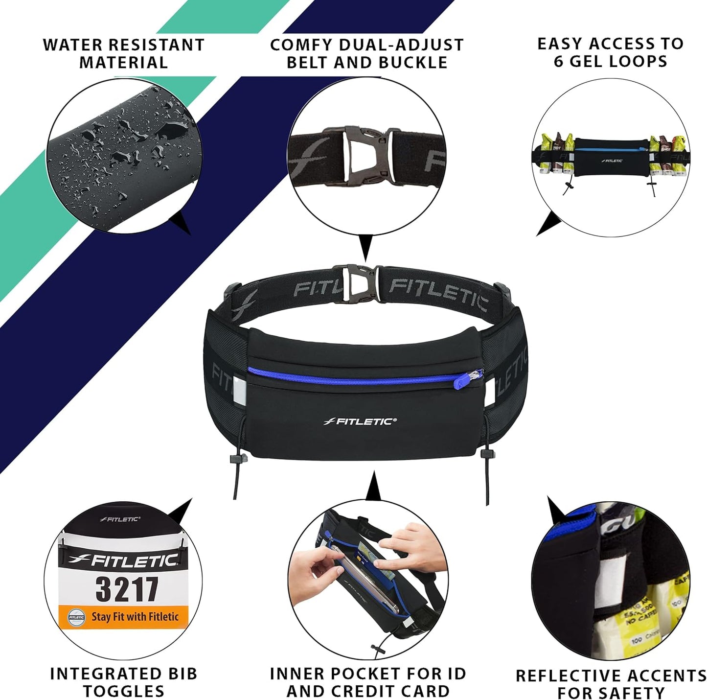 Fitletic Ultimate I Race Running Belt for Triathlons, Marathons – Water Resistant, Lightweight, Low Profile & Patented No Bounce- For Men & Women –– Ultra-Soft Dual Adjust Waist Belt- Fits All Phones