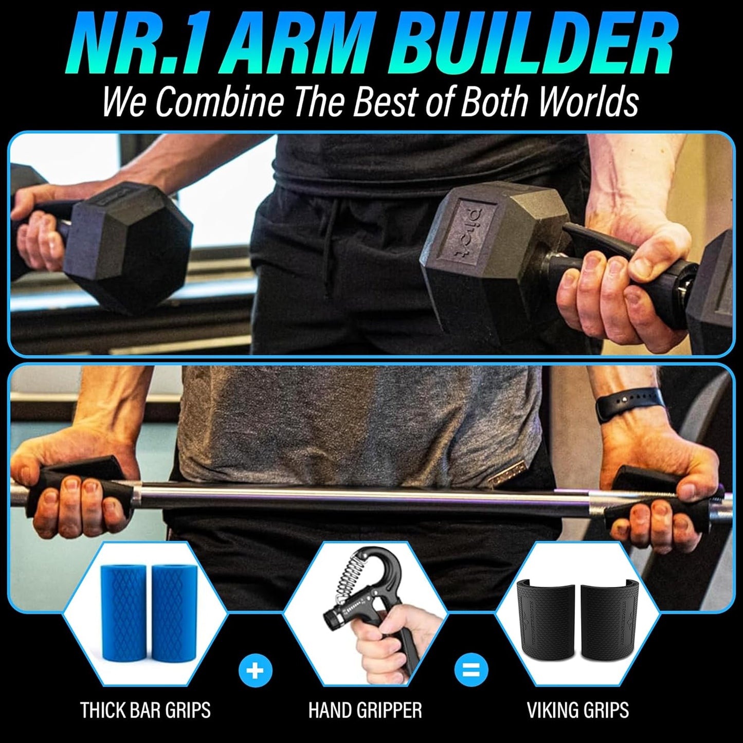 Vikingstrength Grip strength trainer Thick Grip - Combines Hand Exerciser Squeeze with Thick Grip, New Ultimate Forearm Strengthener, Patented Design, Enhances Grip Strength & Endurance, Fits All Bars, Barbells, & Dumbbells