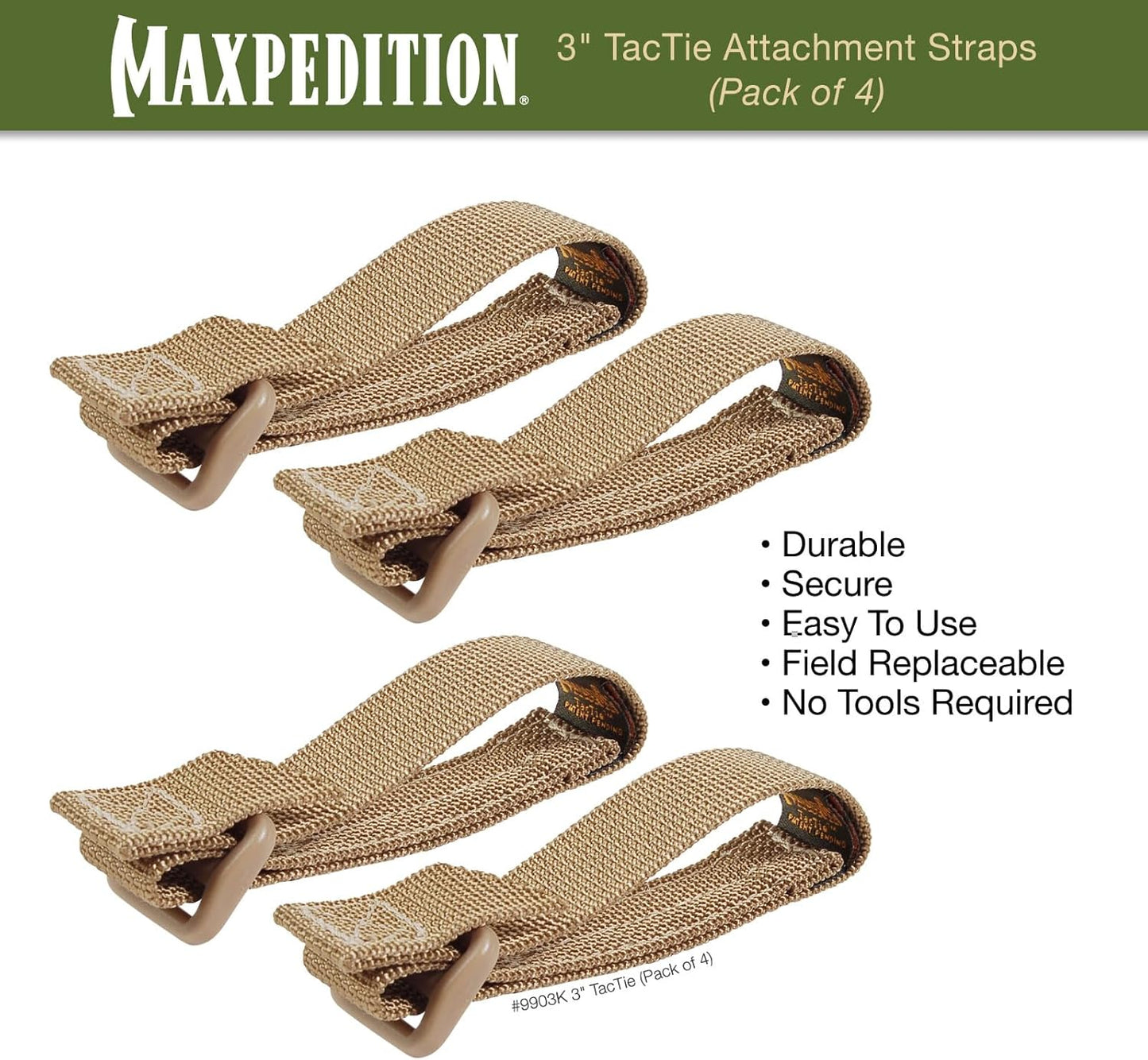 MAXPEDITION 3-Inch TacTie Attachment Straps (Pack of 4) MOLLE Clips for EDC Pouches and Pocket Organizers, Replacement MOLLE Straps for Tactical Gear