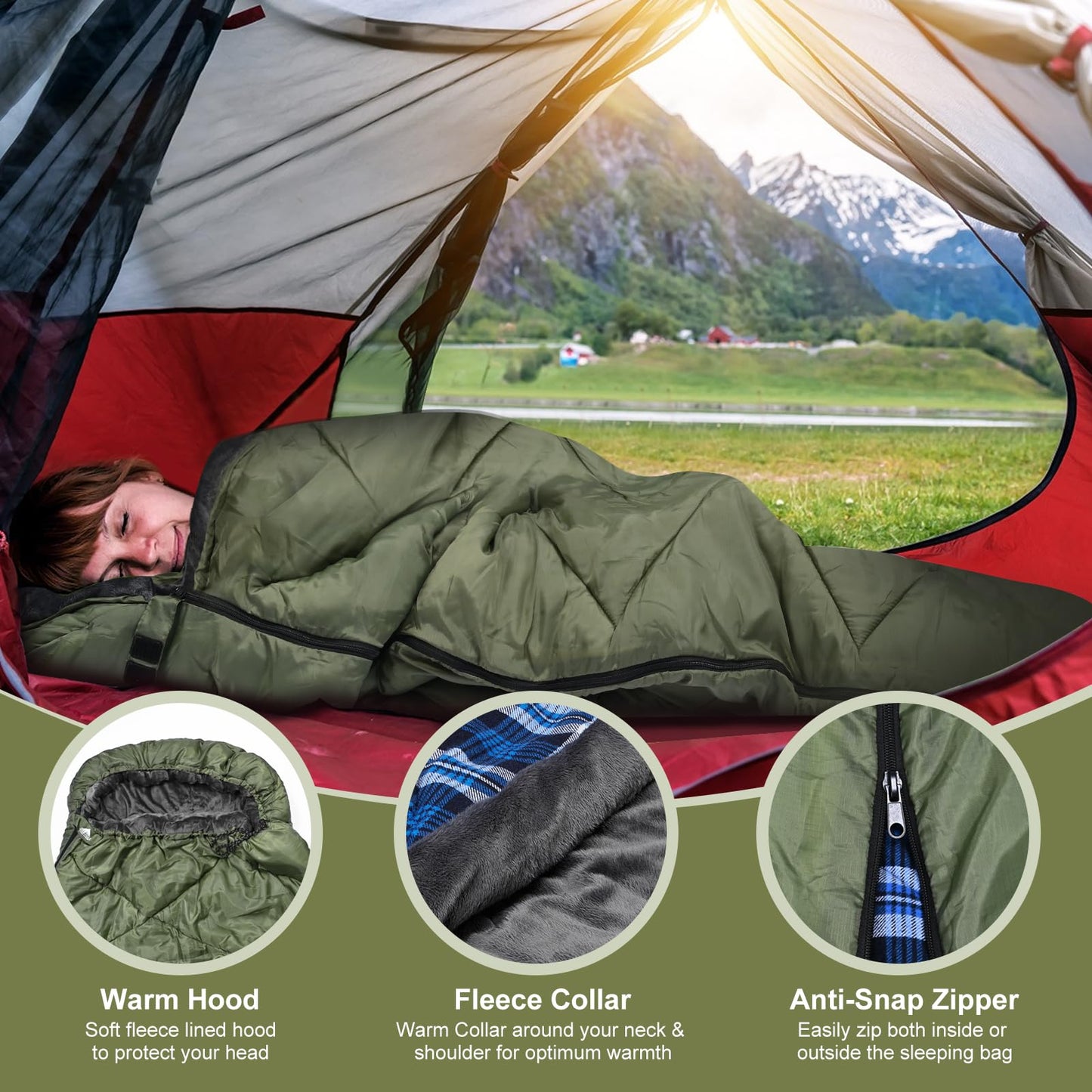 AGEMORE Cotton Flannel Sleeping Bag with Fleece Lined Hood, Waterproof XL Sleeping Bag for Adults, for Cold Weather Camping Backpacking or Hiking, 3-4season with Compression Sack