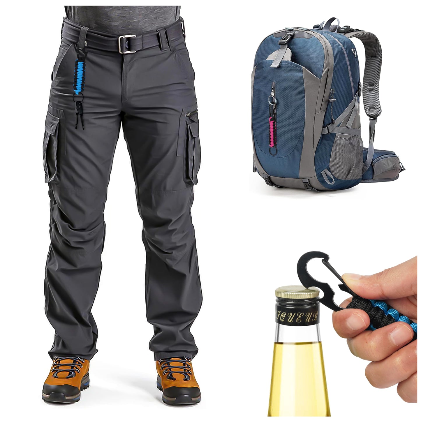 Kadactive Paracord Keychain Bottle opener - 2Pcs Carabiner Keychains for Backpack, Camping, Survival. Paracord Key Chains Men Woman Black-Pink LightBlue