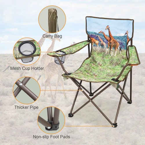 LANMOUNTAIN 2 Pcs Animal Pattern Camping Chair,Folding Backpacking Lightweight Beach Chair w/Cup Holder,Mesh Side Pocket,Carry Bag,Portable Lawn Chair for Adults Family Outdoor Parties,Hiking,Giraffes
