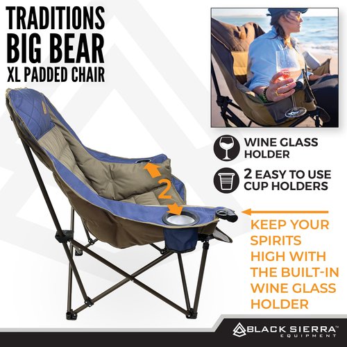 Black Sierra Deluxe Padded Camping Chair for Sports & Outdoors, Oversize XL Outdoor Folding Chair Supports 400 lbs, Heavy Duty Seat w/Dual Cup Holders/Carry Bag Perfect for RV, Tailgating, Glamping