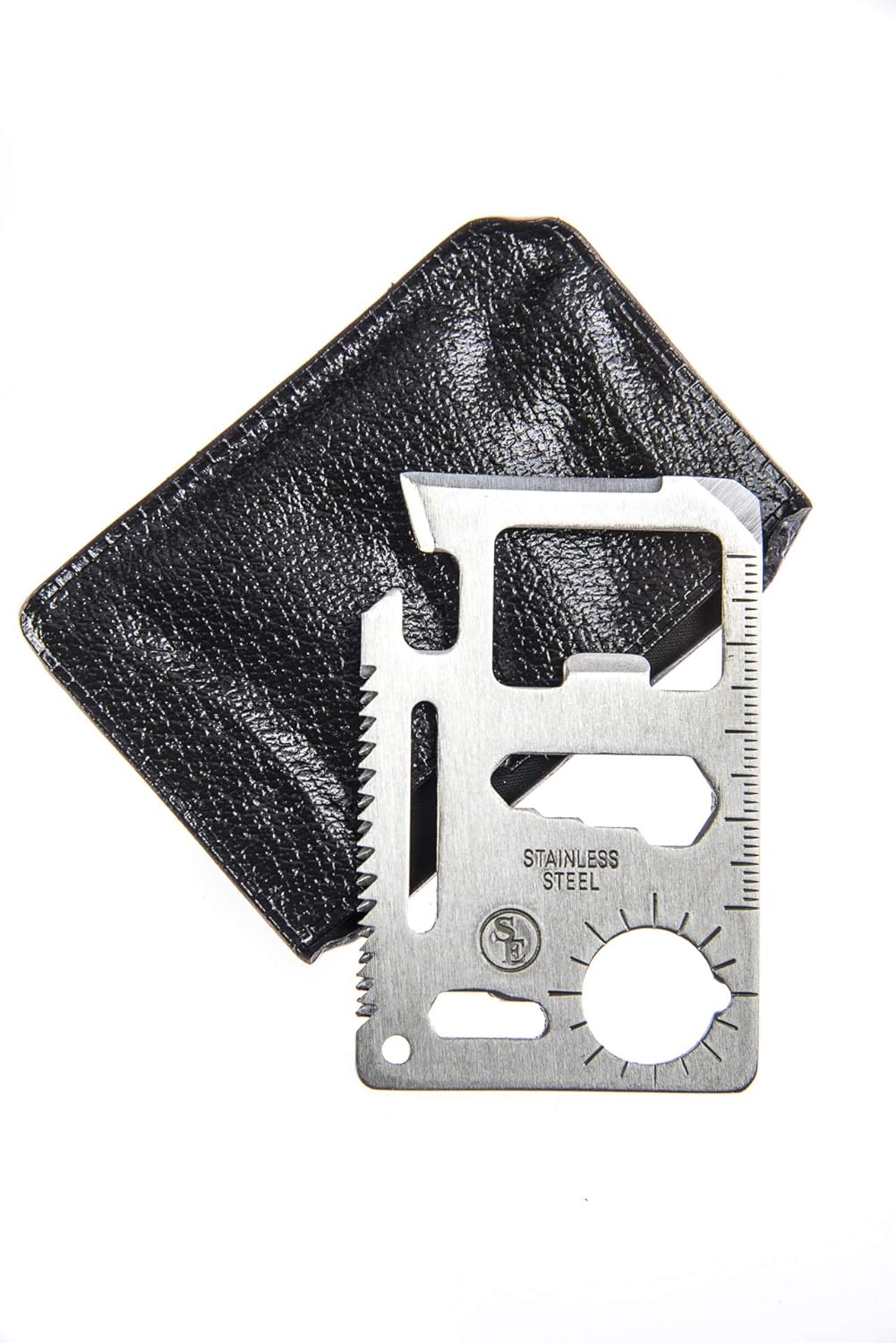 SE 11-Function Stainless Steel Survival Pocket Tool - Compact, Credit Card-Sized Multi-Tool with Leatherette Case - Ideal for Camping, Hiking, and Outdoor Activities- MT908-1