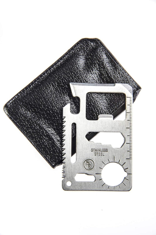 SE 11-Function Stainless Steel Survival Pocket Tool - Compact, Credit Card-Sized Multi-Tool with Leatherette Case - Ideal for Camping, Hiking, and Outdoor Activities- MT908-1