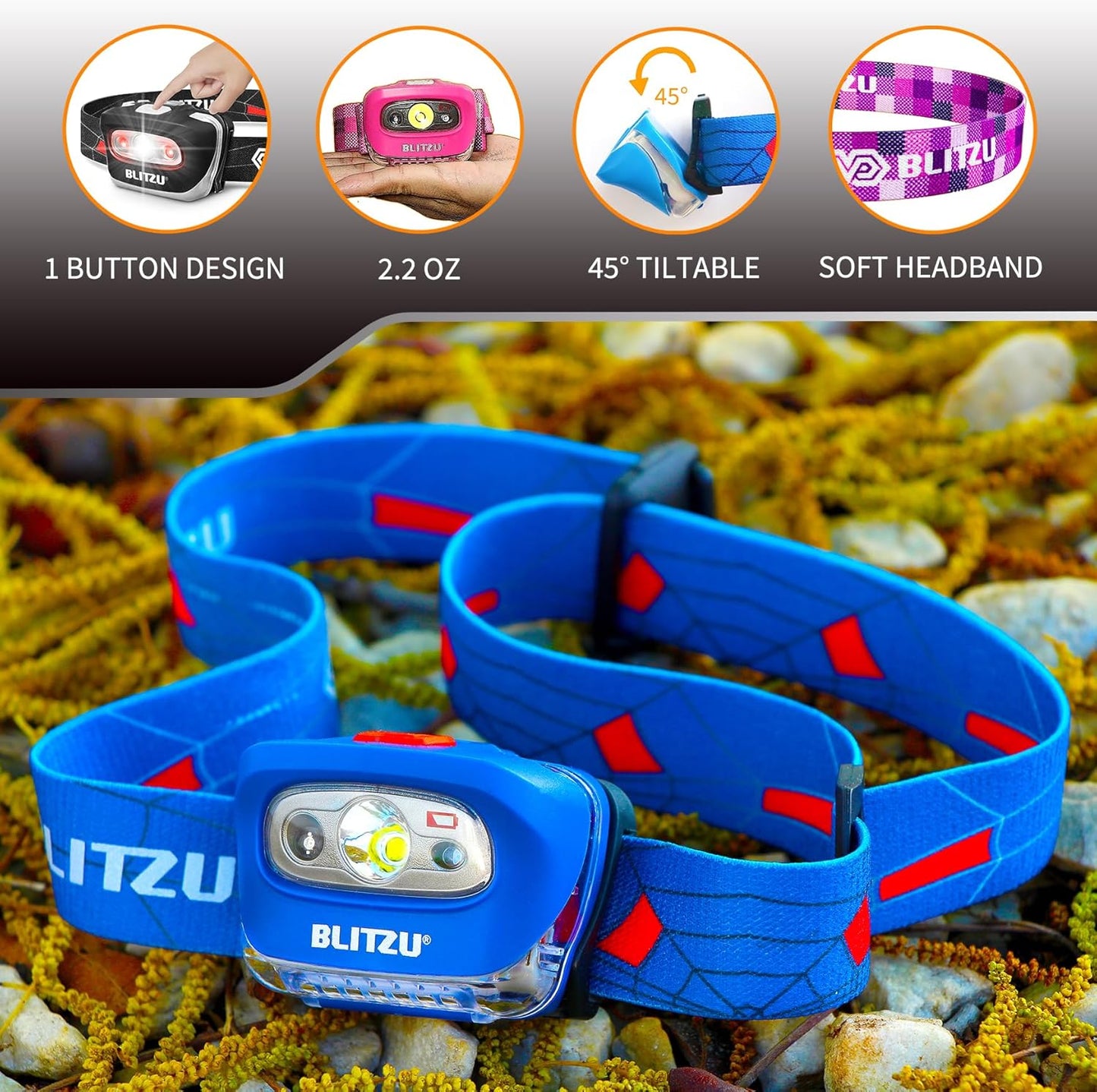 Waterproof LED Headlamp Flashlight for Adults & Kids - Lightweight, Comfortable, White & Red Light for Running, Camping & Hiking - 3 AAA Batteries Included, Purple