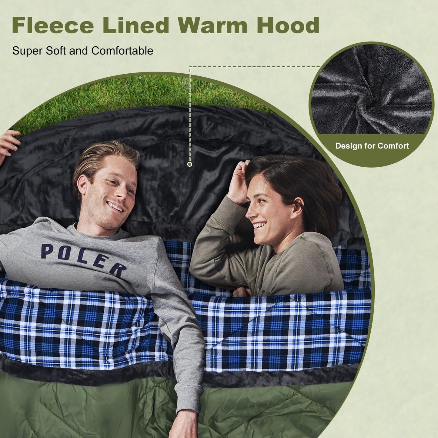 AGEMORE Cotton Flannel Double Sleeping Bag with Fleece Lined Hood, Waterproof Queen Size 2 Person Sleeping Bag for Adults Cold Weather Camping Backpacking or Hiking, 3-4season