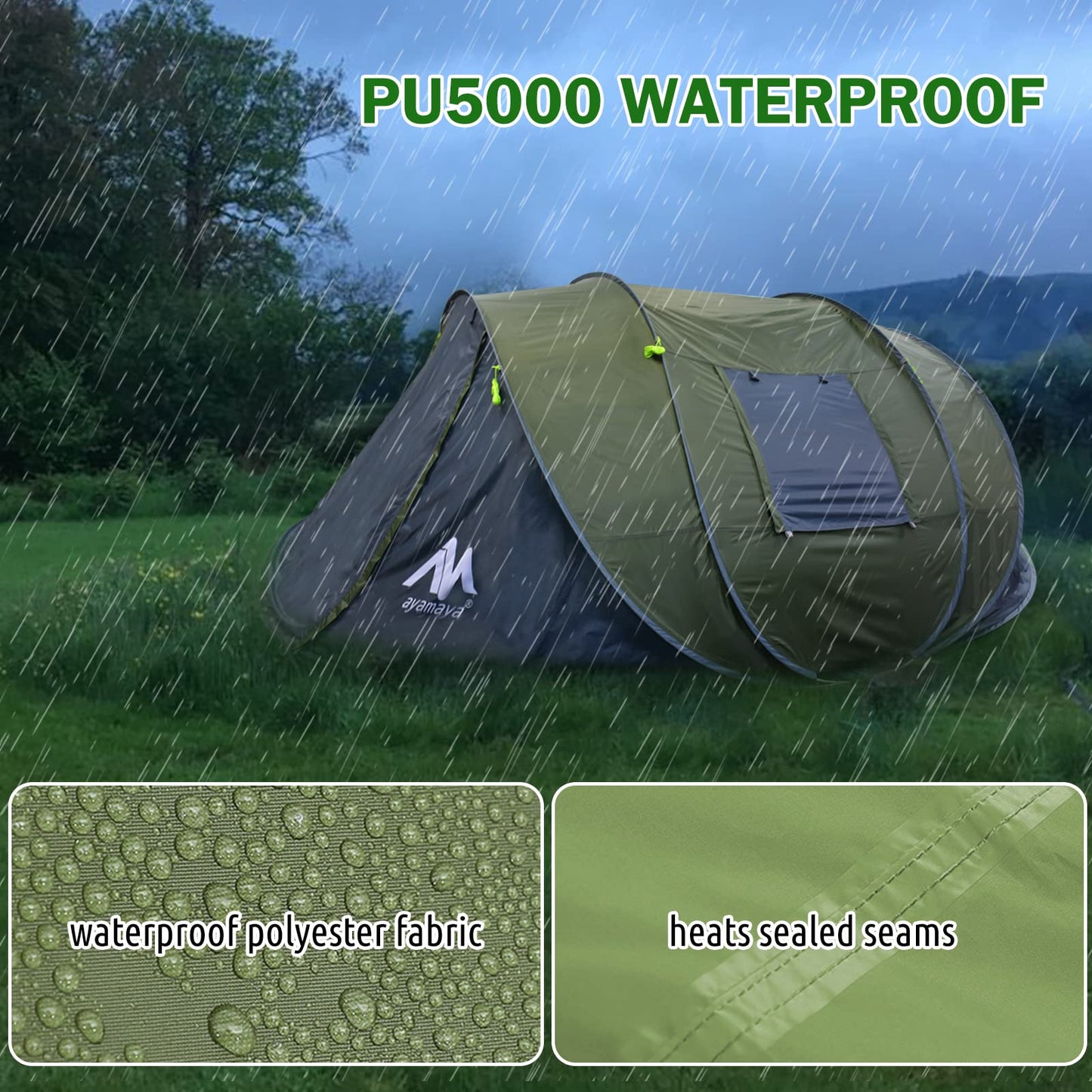 6 Person Pop Up Tents for Camping - AYAMAYA Waterproof Instant Tent Upgraded 2 Doors with Vestibule & Porch, Double Layer Large Size Family Easy Tent Automatic Setup for 4-6 People Camping Hiking