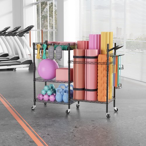 SINGAYE Dumbbell Rack Stand With Yoga Mat Storage, Gym Equipment Organizer, Cart for Workout Room, Home Gym With Hooks and Wheels Black
