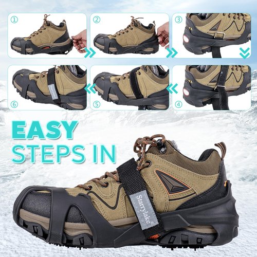 Starrylake Ice Snow Cleats Crampons with 10 Tungsten Spikes with Reflective Strips for Shoes and Boots Anti Slip Traction Cleats for Running, M