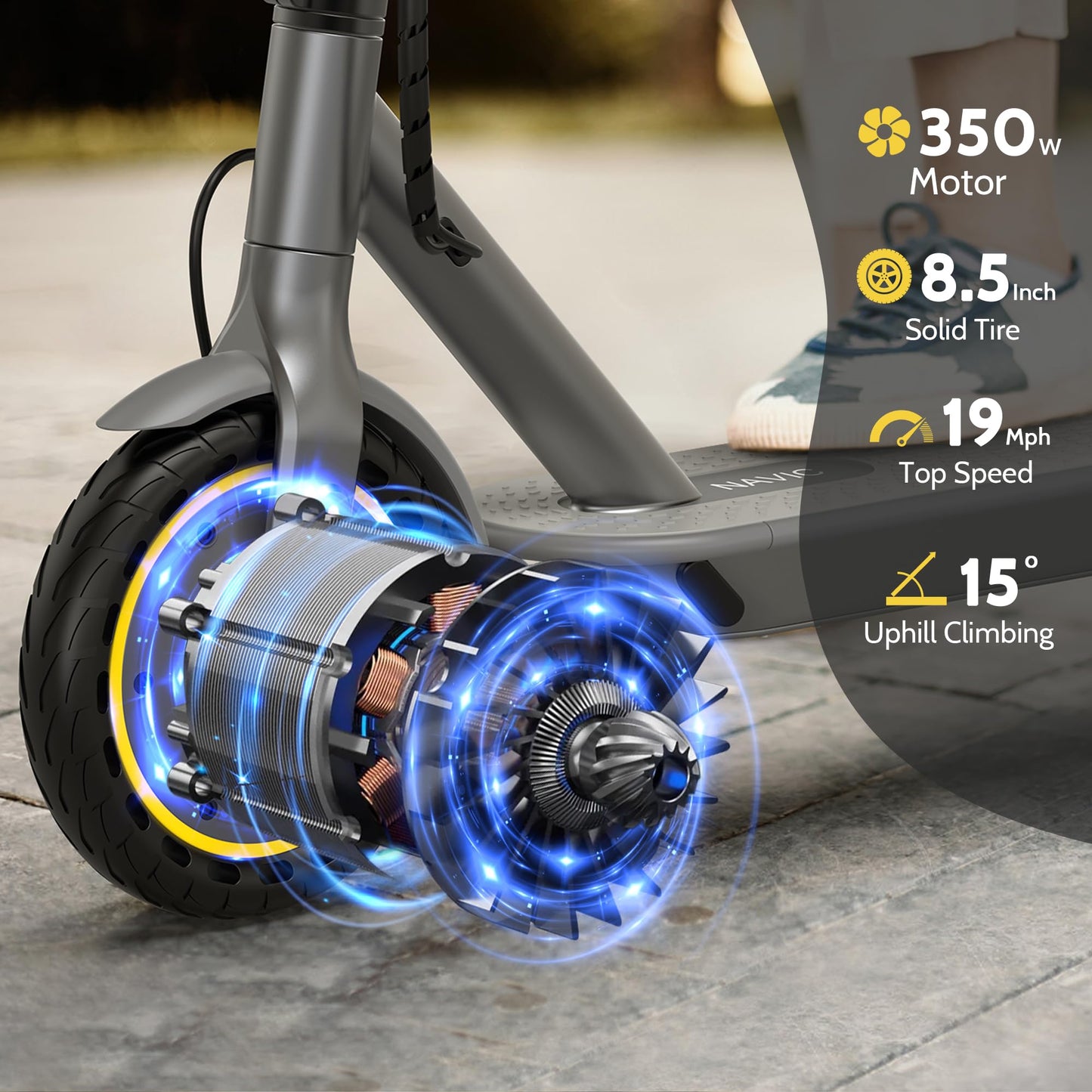 NAVIC Electric Scooter, Folding E Scooter for Adults with Seat, 8.5" Solid Tires, 350W Motor, Max Speed Up to 16MPH, 21 Miles Long-Range, Portable Commuting Scooter with Double Braking, APP