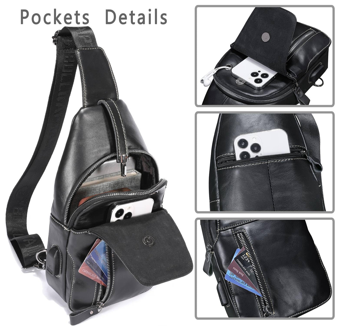 Genuine Leather Sling Bag Mens Crossbody Backpack for Hiking Casual Daypack Shoulder Chest Bag with USB Charging Port (Black)