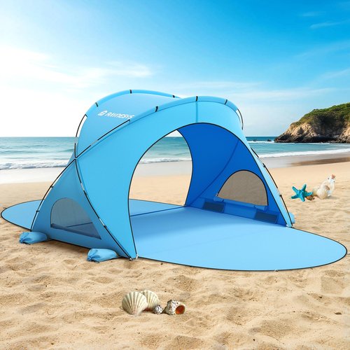 Raynesys Beach Tent Sun Shelter, Portable Beach Shade with UPF50+ UV Protection for 1-3 Person, Sun Shade Tent with 2 Zippered Doors, Cool Cabana for Sand Camping Fishing, Blue