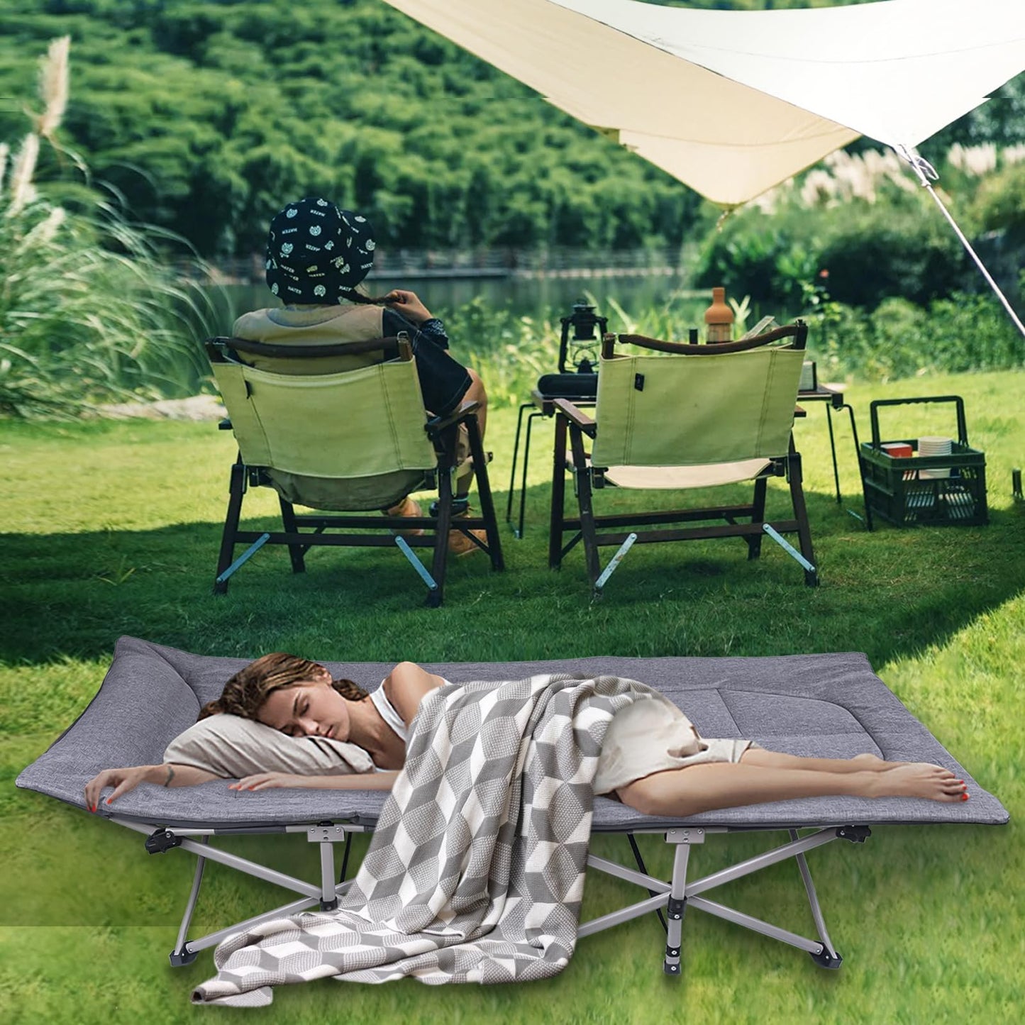 KAKO Folding Camping Cot, Heavy Duty 600 Lbs Portable Bed for Adults, Camping Beds with Carry Bag, Grey
