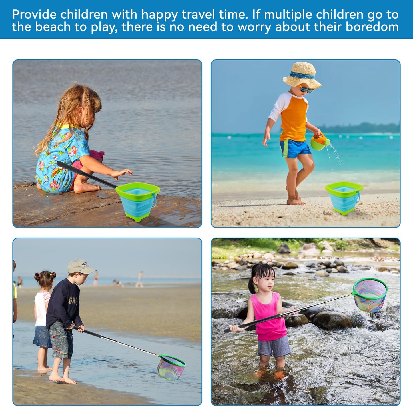 Autokcan 2PCS Fishing Net with Bucket, Telescopic Fishing Landing Net, Collapsible Kids Sand Bucket, Kids Fish Butterfly Catching for Freshwater Saltwater Outdoor Activities