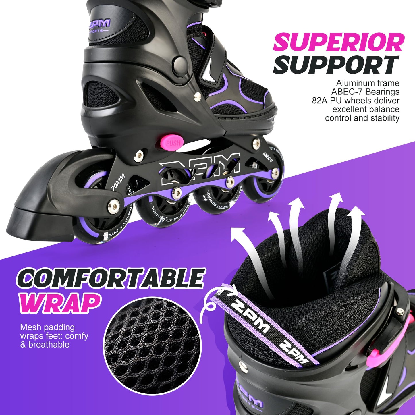 2PM SPORTS Inline Skates for Kids Girls Ages 4-8 8-12 3-5 4-6 6-12 10-12 with Light Up Wheels, Adjustable Kids Roller Skates Blades for Adults Women Beginners Youths Indoor Outdoor Purple, Medium