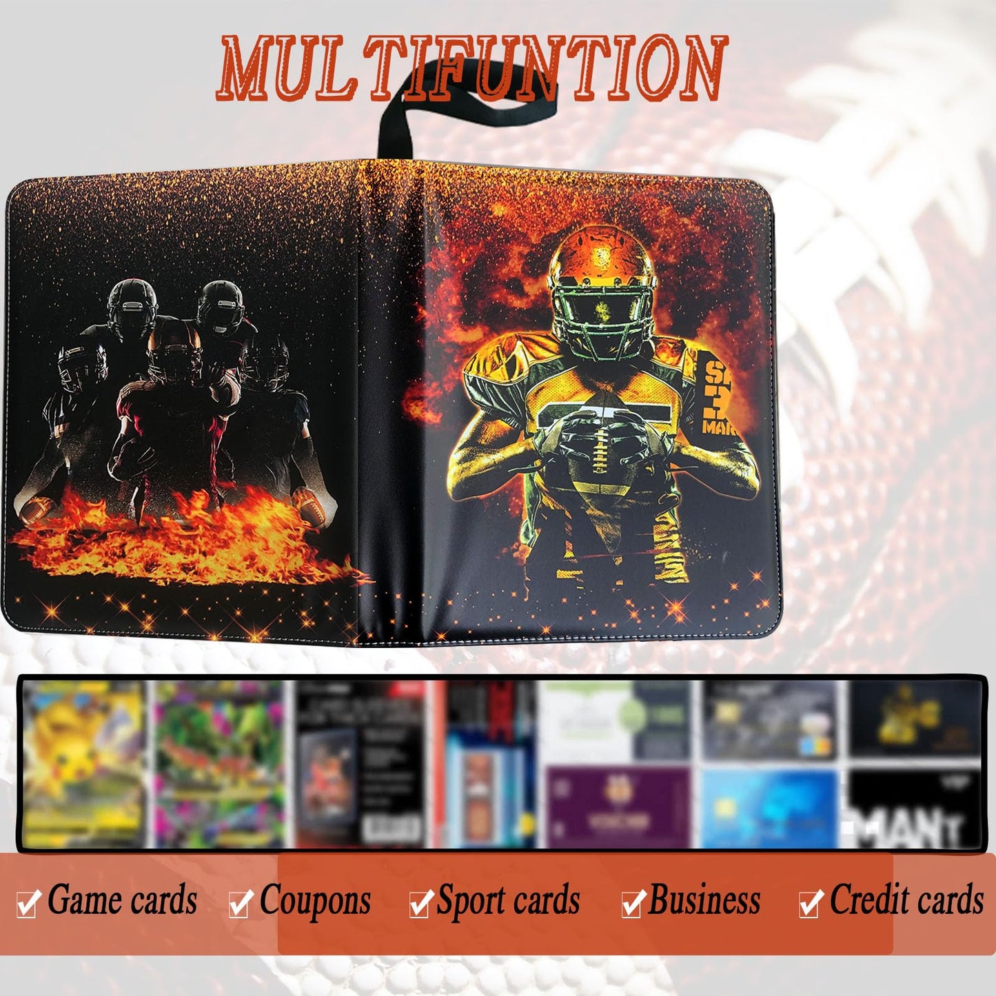 Football Card Binder 900 Pockets, Trading Card Binder Holder with 50 Removable Sleeves Fits 900 Sport Cards, Football Card Gifts Collector Album with Zipper Storage Display Case